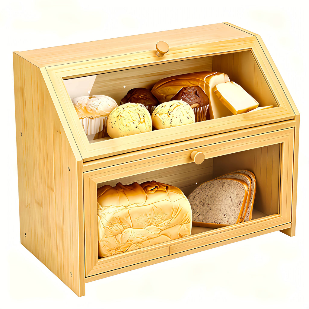 Countertop Bread Box With Transparent Window |Double-Layer Bread Storage Box For Kitchen | Large-Capacity Food Storage Container.