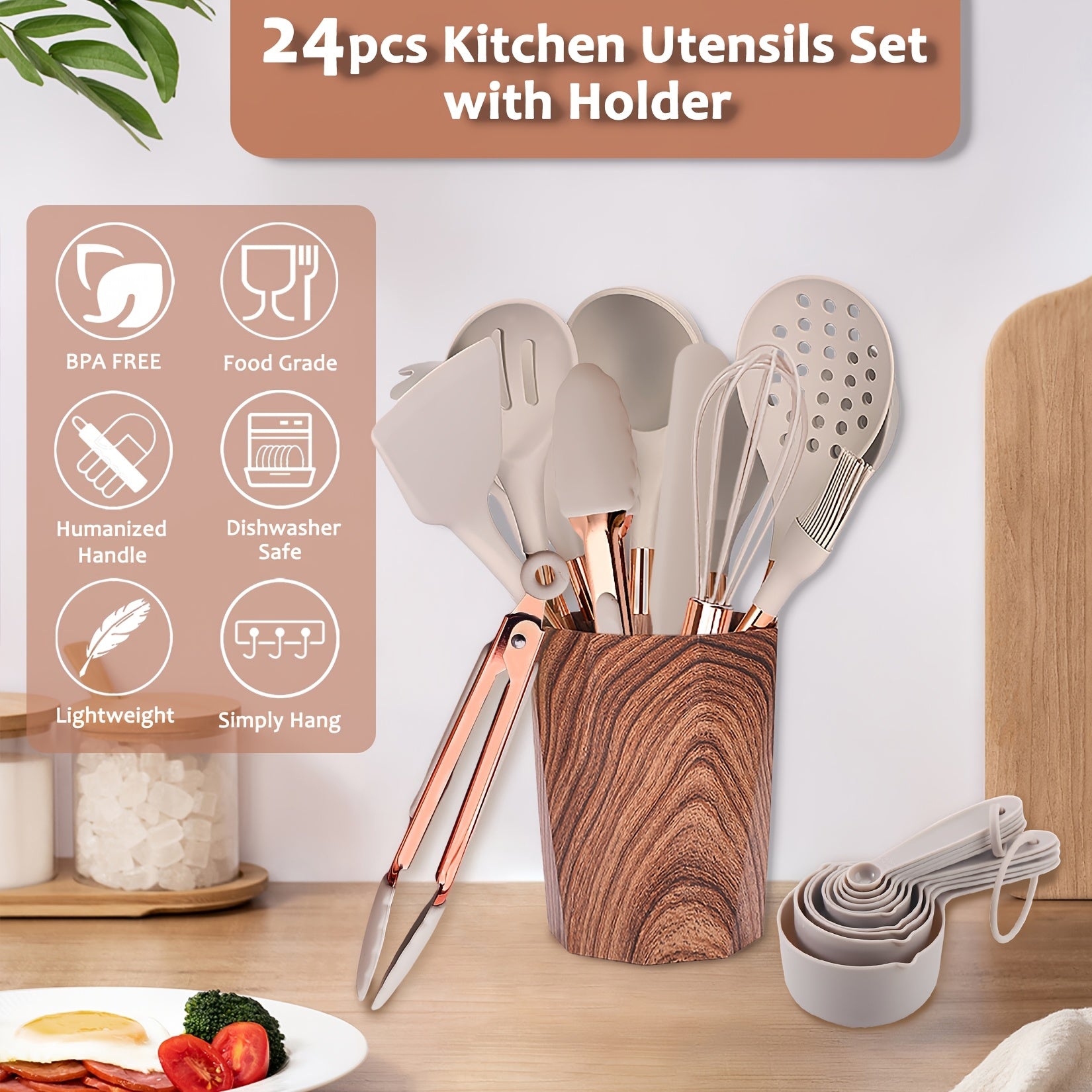 24pcs Silicone Cooking Utensils Set - Kitchen Utensils Set with Storage Box, Wood Pattern Handle Silicone Utensils for Cooking with Food Safety Turner, Pasta Server, Skimmer, Ladle, Spoon, Tong, Whisk