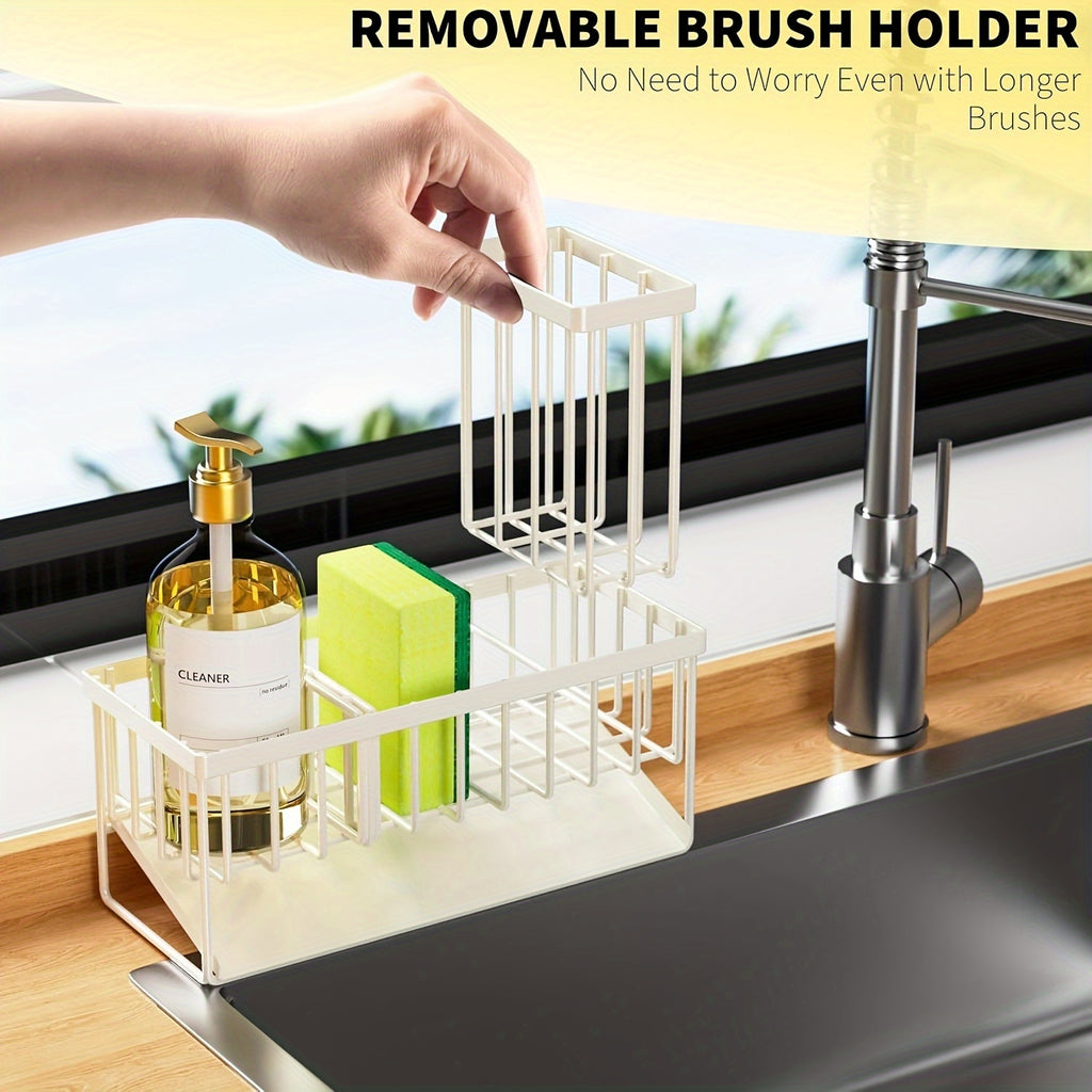 Durable Stainless Steel Kitchen Sink Organizer with Drain Tray - Heavy Duty 304 Rust-Proof Black Sink Storage Basket, Versatile Sponge And Brush Holder, Space-Saving Dish Rack Accessory for Sink And Countertop Without Dishwasher