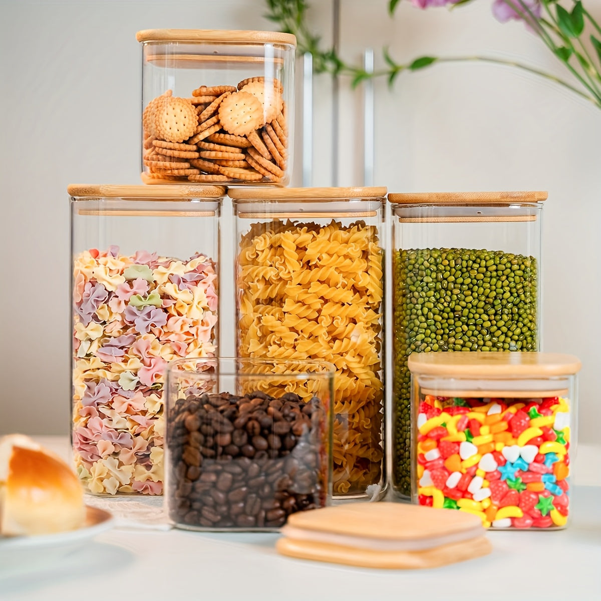 6pcs Large Glass Storage Jars, 37oz Hedonic Jars, Clear Glass Food Storage Containers with Airtight Bamboo Lids, for Candy, Biscuits, Rice, Sugar, Flour, Pasta, Nuts And Spice Jars