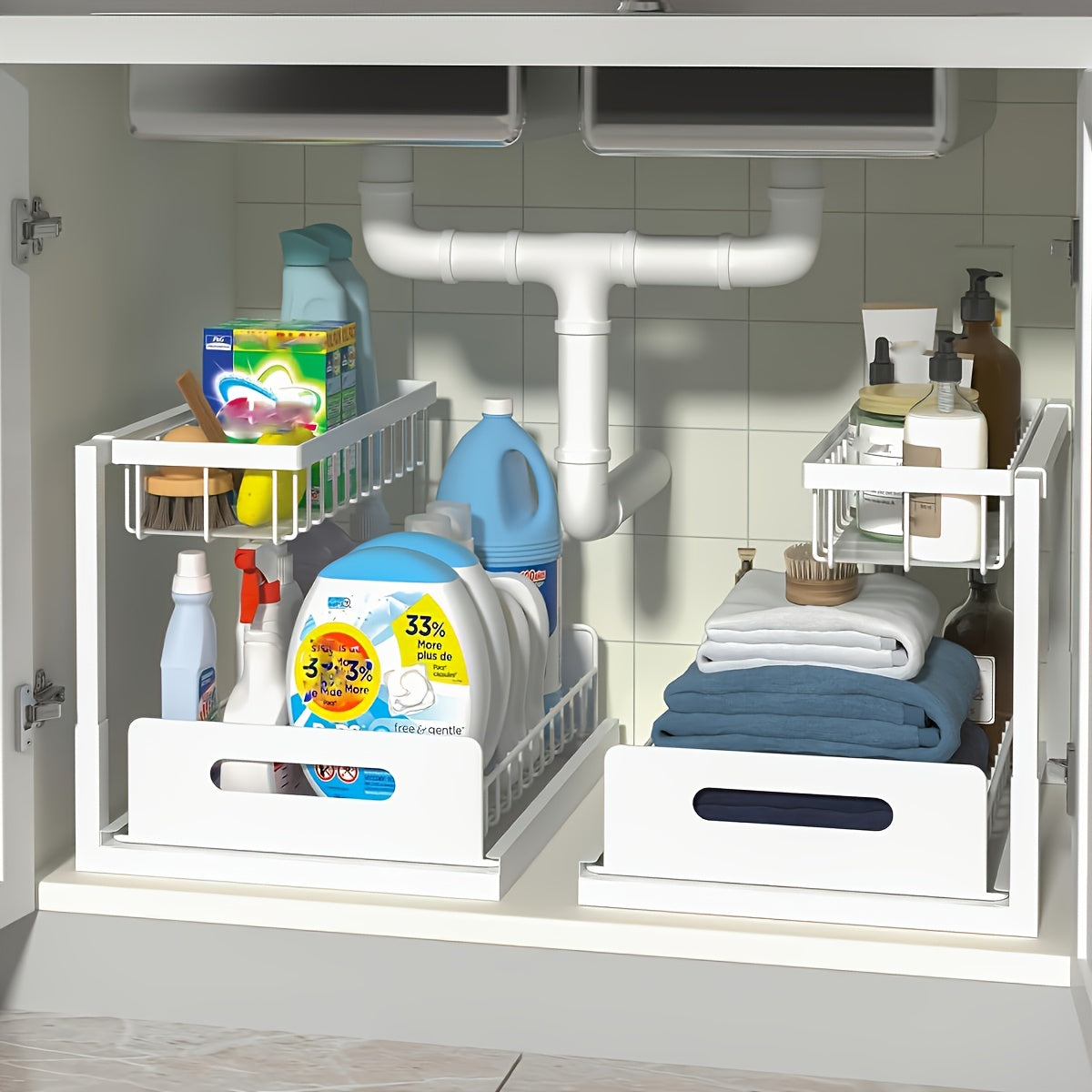 Storage Rack – Two-Tier Under-Sink Organizer Featuring a Sliding Drawer, Metal Pull-Out Storage R