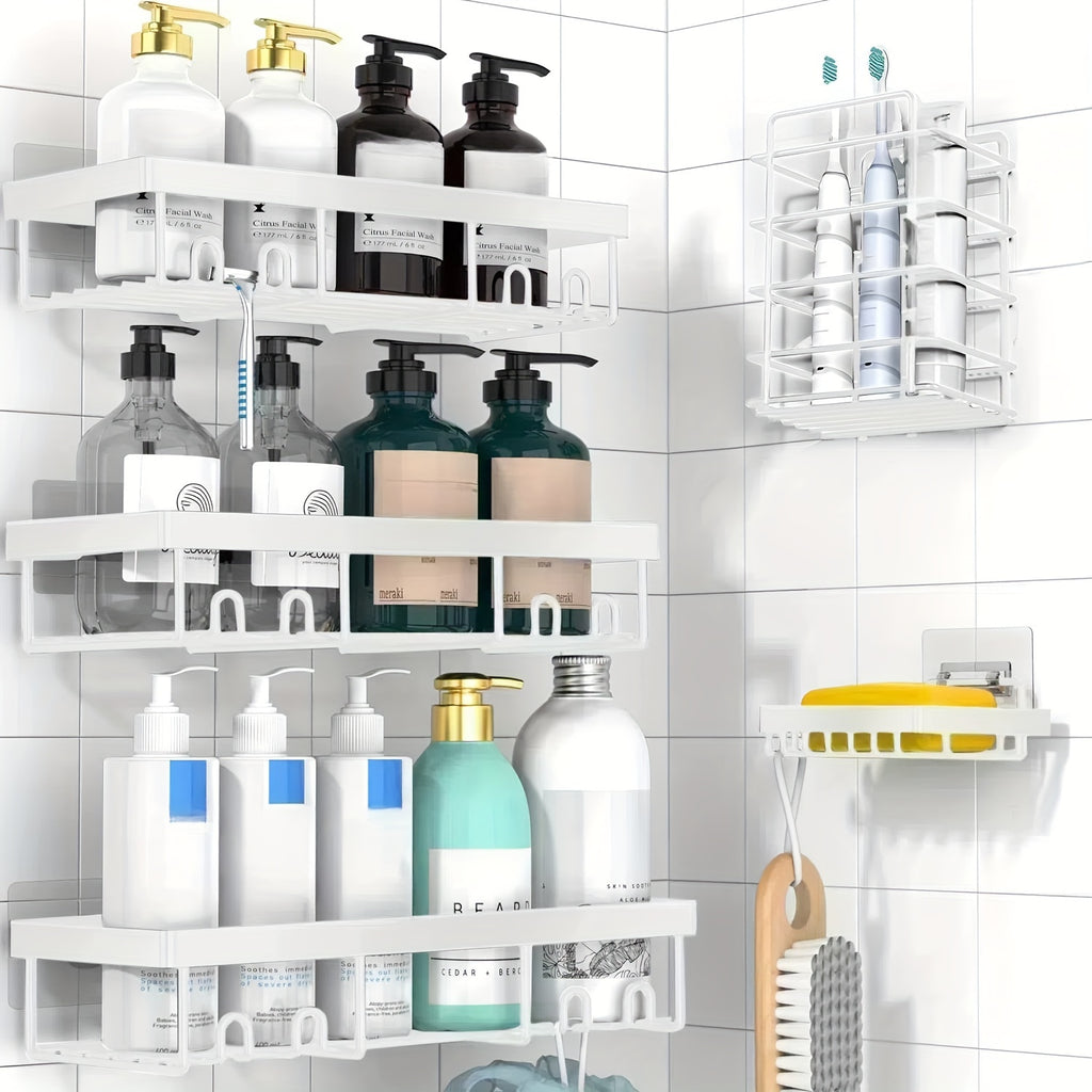 Bathroom Organizer – 5-Pack Adhesive Shower Caddy with Soap Holder - No Drill Rustproof Stainless Shower Shelves, Wall-Mounted Bathroom Organizer Suitable for Bathtub, Shower Enclosure - Spa