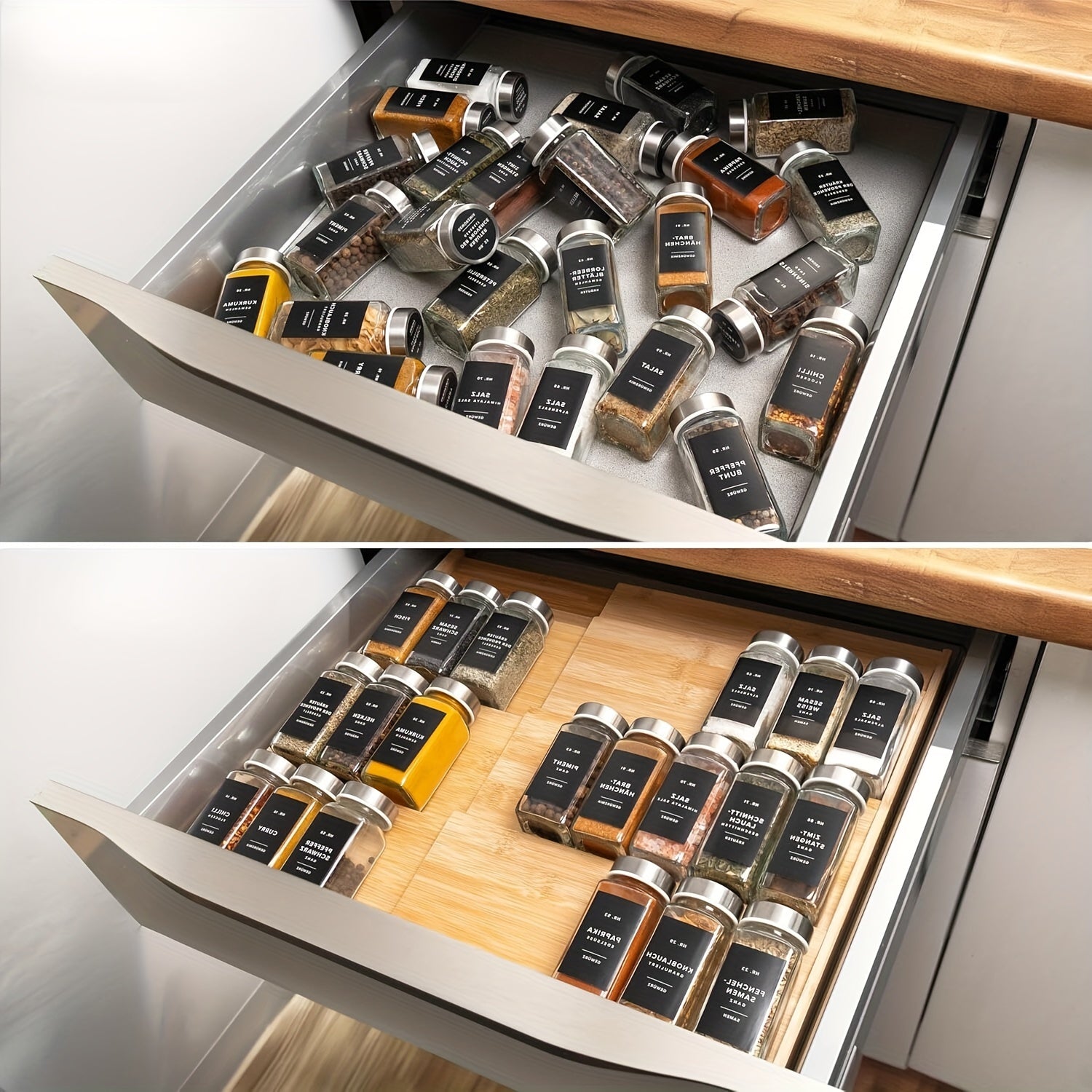 Expandable Bamboo Spice Rack, 4-Tier Seasoning Organizer For Kitchen Cabinet, Fits 3" Deep Drawers, Adjustable From 12" To 23"