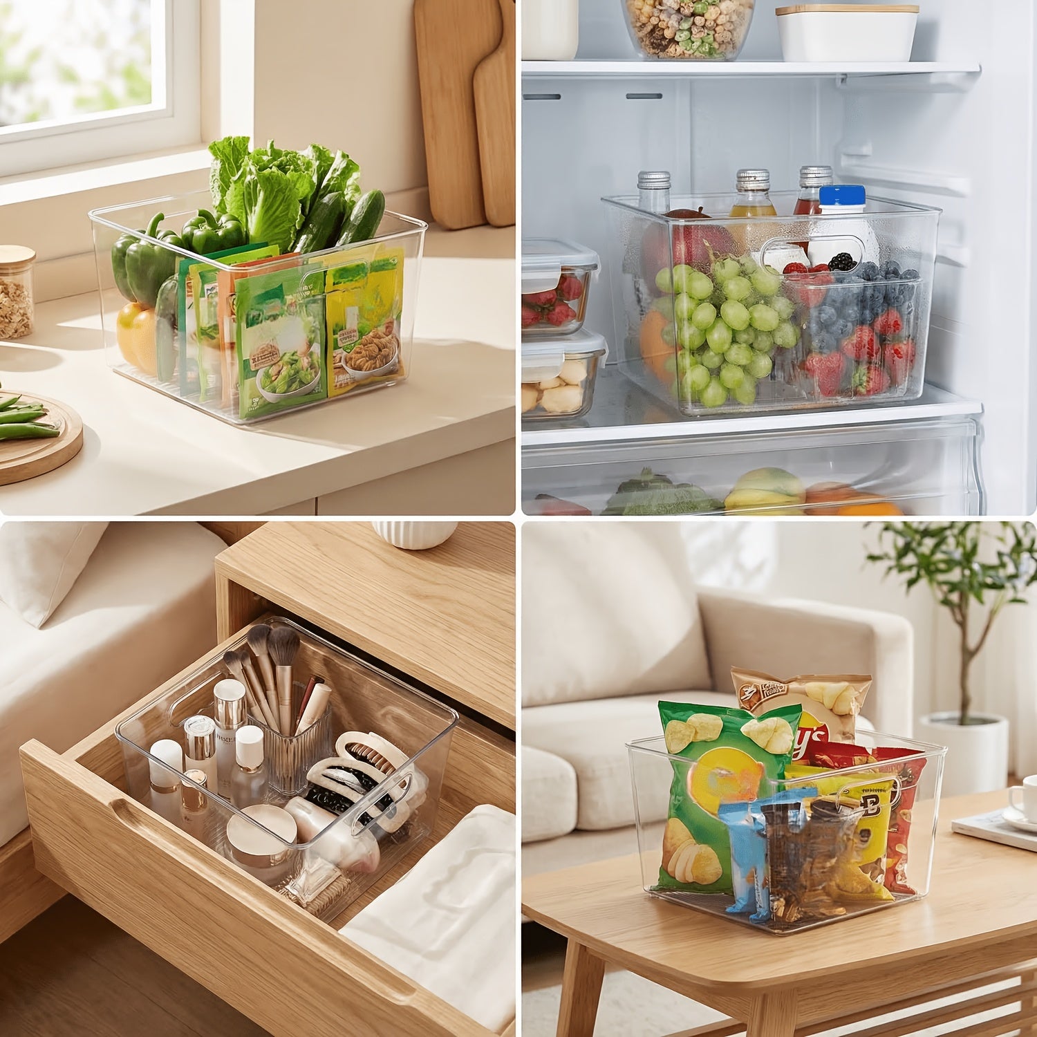 Kitchen Essential – 4/8 Pack Refrigerator Replacement Storage Box, 11 Inchx11 Inch Extra Large Clear Acrylic Organizer Square Containers, Plastic Storage Bins with Handle for Modern US Homes
