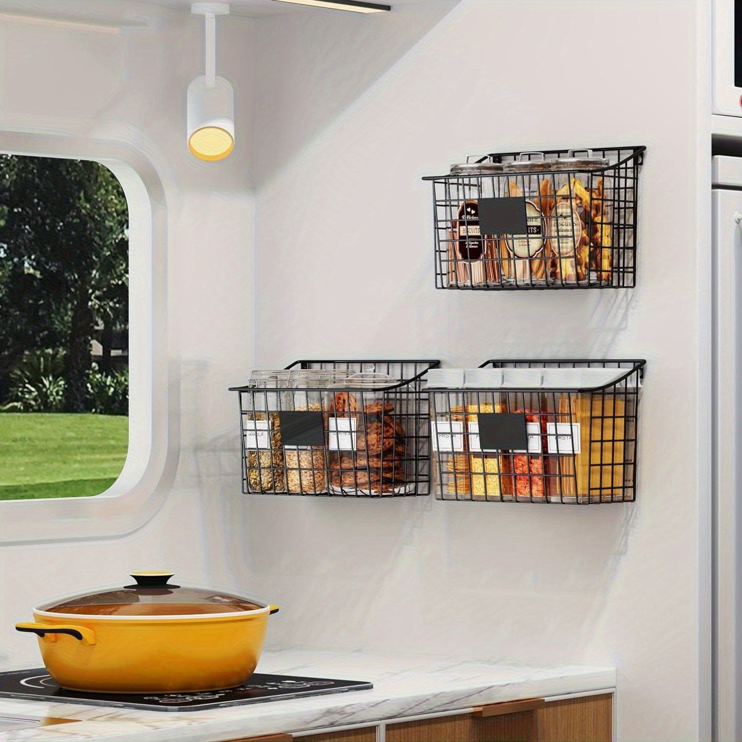 Wall Mounted Bin Basket with 5 Hooks 3 Label Plate Adhesive-3 Pack, Cabinet Hanging Metal Wire Basket, Rustic Farmhouse Decor, Storage Organization Shelf for Pantry Kitchen Bathroom 10.6*7.5*5.1Inch, Shelf Baskets