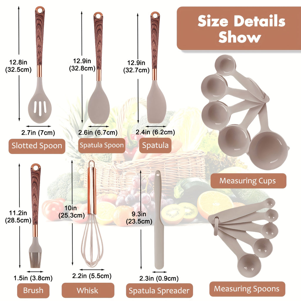 24pcs Silicone Cooking Utensils Set - Kitchen Utensils Set with Storage Box, Wood Pattern Handle Silicone Utensils for Cooking with Food Safety Turner, Pasta Server, Skimmer, Ladle, Spoon, Tong, Whisk