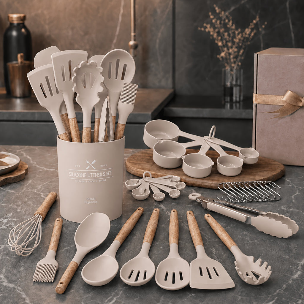 Kitchen Essential – [33pcs Silicone Kitchen Utensil Set With Holder] Heat Resistant Non-Stick Cooking Tools, Kitchen Accessories Set, Include Whisk Tong Spatula, Dishwasher Safe Cookware For
