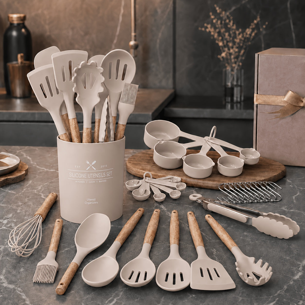 Kitchen Essential – [33pcs Silicone Kitchen Utensil Set With Holder] Heat Resistant Non-Stick Cooking Tools, Kitchen Accessories Set, Include Whisk Tong Spatula, Dishwasher Safe Cookware For