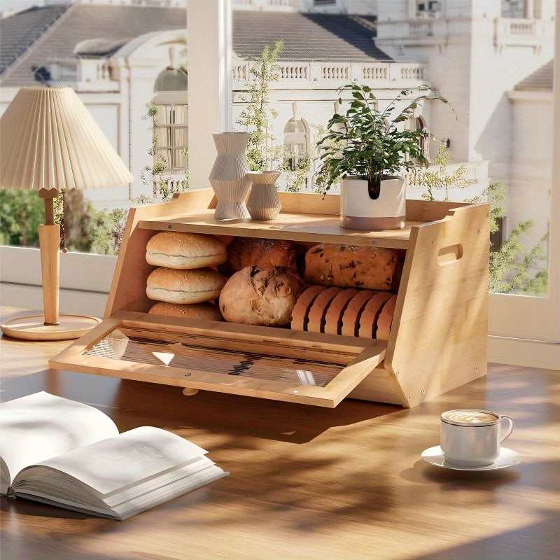 Space-Saving Countertop Bread Storage Box – fresh-bread countertop organization, Large Bamboo Bread Box with Acrylic Window Drop-Down Door - Farmhouse Kitchen Storage Cabinet, designed for American homes, daily convenience and practical gifting