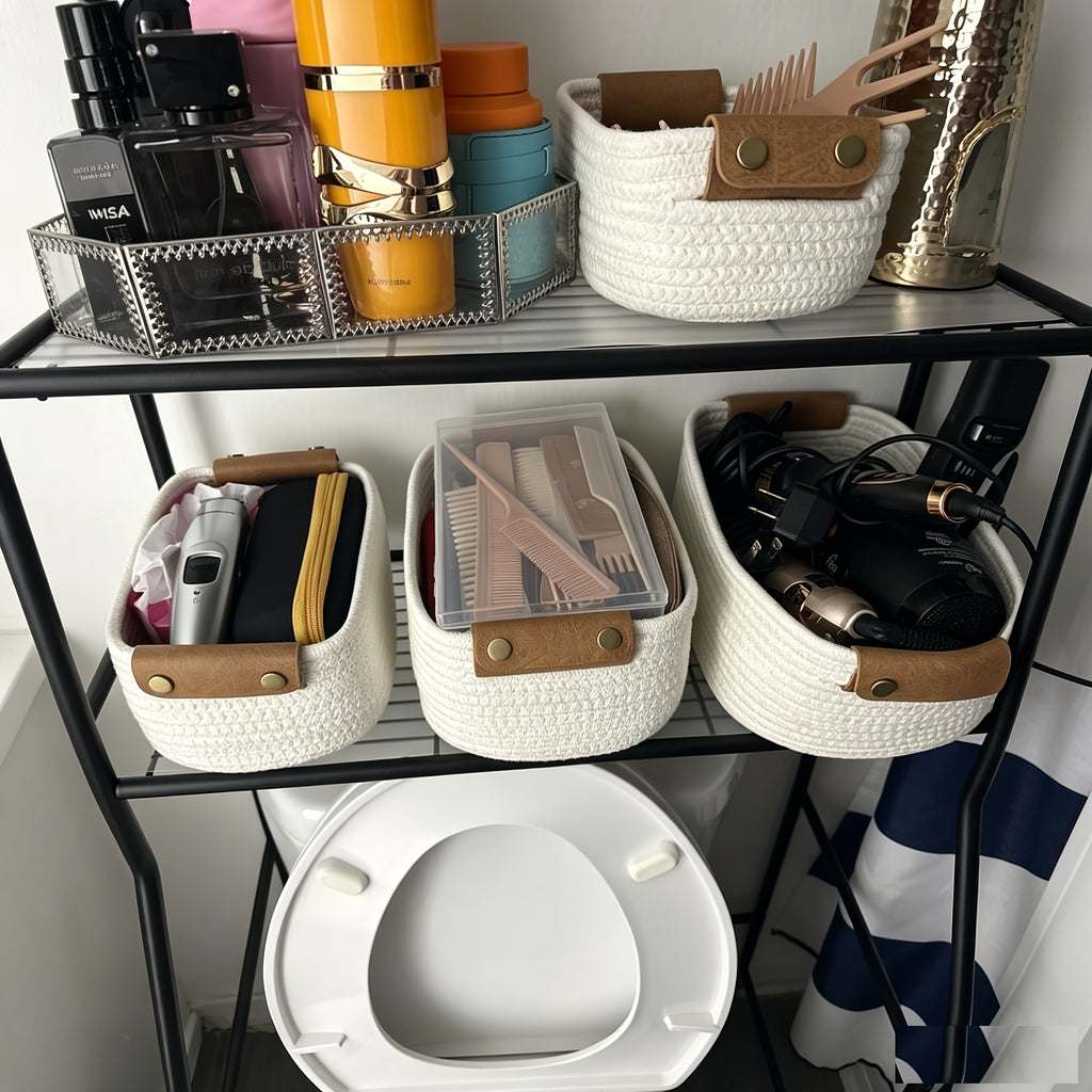 Compact Stackable Home Storage Bins – portable space-saving storage, Rectangle Woven Baskets for Storage Handwoven Cotton Rope Storage Basket with Leather Handles -, designed for American homes, daily convenience and practical gifting