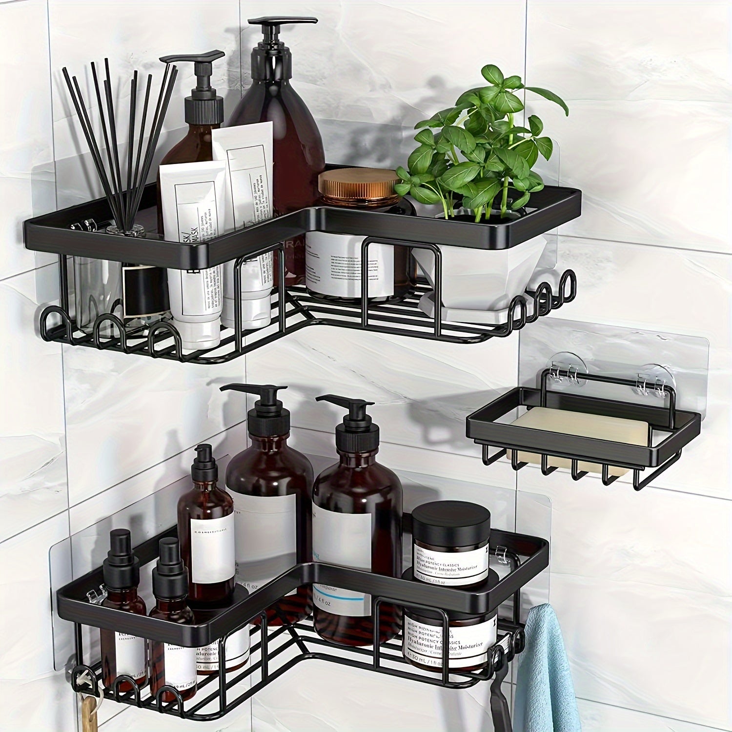 Corner Adhesive Shower Caddy, with Soap Holder And 12 Hooks, Rustproof Stainless Steel Bathroom Organizer, No Drilling Wall Mounted Rack, Black, 3-Pack