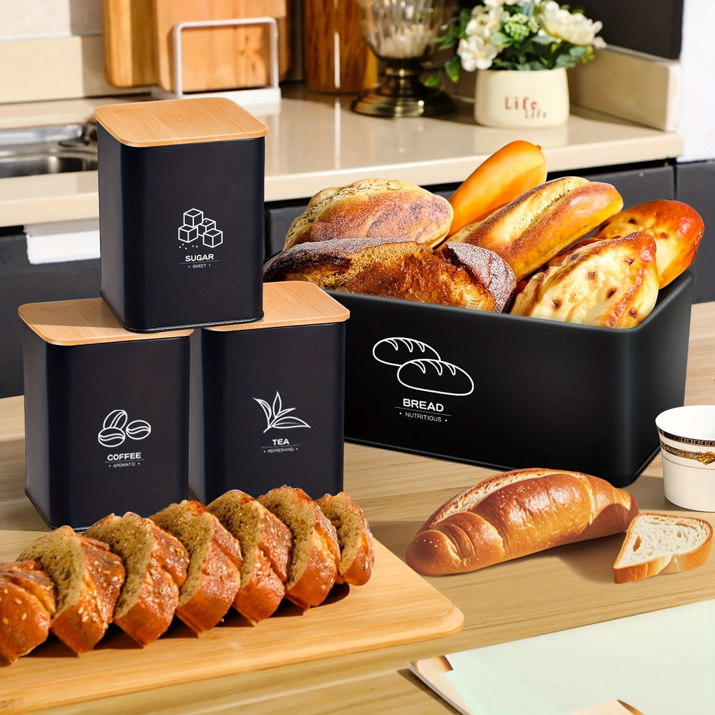 Metal Bread Box for Kitchen Countertop with Coffee Sugar Tea Kitchen Storage Containers, Bread Box And Canisters Set for The Kitchen with Lid, Classic Bread Tin with Lid for Loaves, Large Capacity