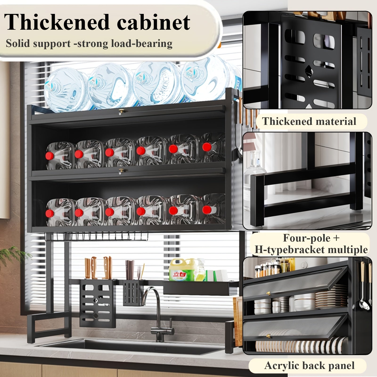 3-Tier Black Metal Kitchen Organizer with Dish Rack, Cutting Board Holder & Utensil Hooks - Over Sink/Countertop Space-Saving Storage for Plates, Bowls - Includes Lid, Spice Containers & Cup Holders - Durable Design for Organized Home Chef Kitchens