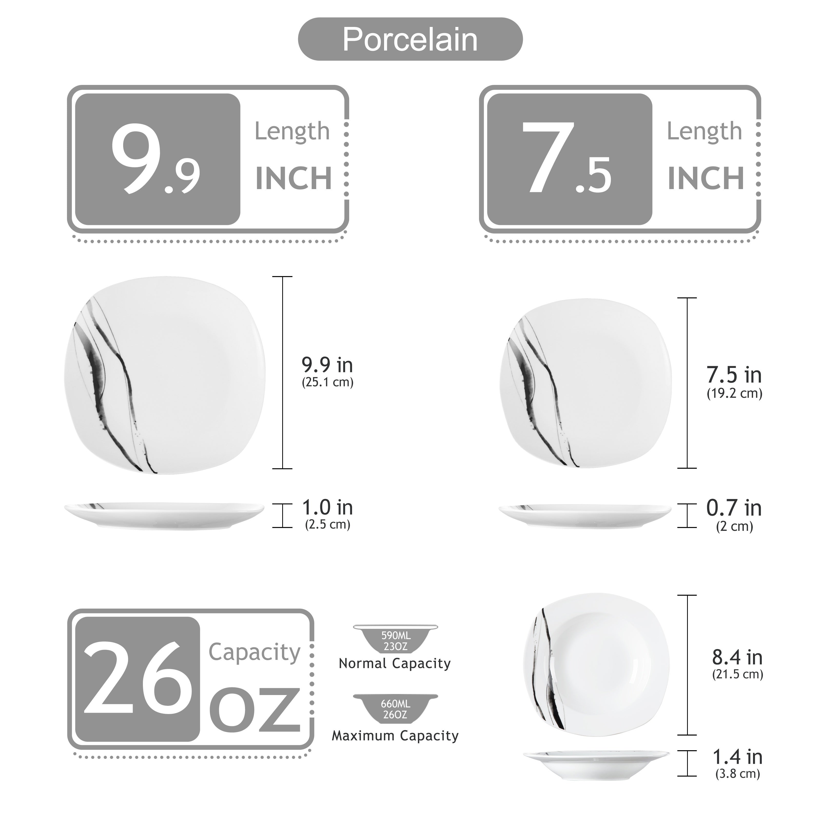 18pcs Dinner Set Service for 6, Porcelain Plates Set, Ink And Line Patterns Dining Set, Ivory White Round Dishes Set Plate Set Including 6 X 7.5" Dessert Plate, 6 X 8.5" Soup Plate, 6 X 9.75" Dinner Plate