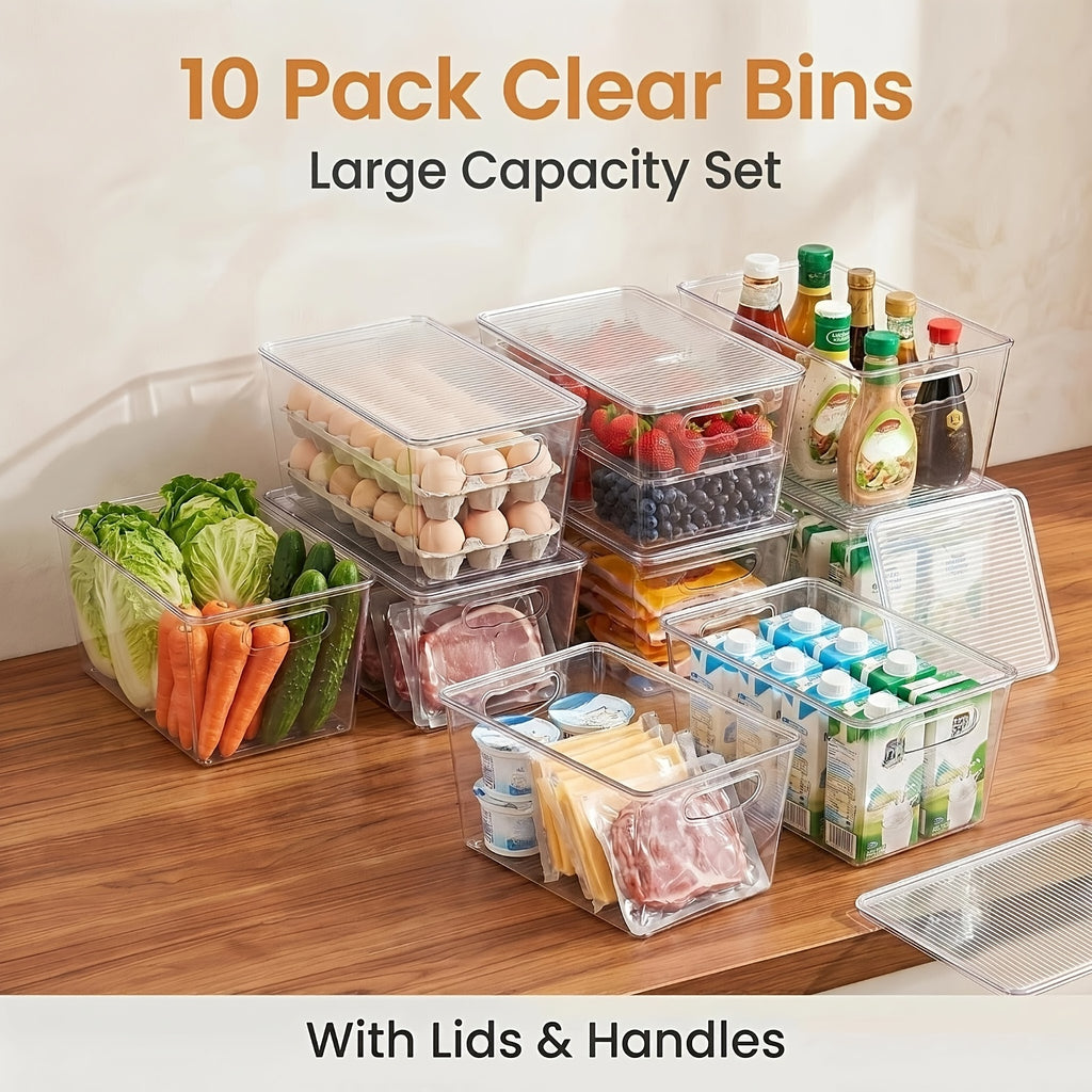 [Stackable Storage Bins] 10 Pack Clear Stackable Storage Bins With Lids, Large Plastic Containers With Handle For Pantry Organizer And Storage, Perfect For Kitchen, Fridge, Cabinet, Closet, Bathroom Organization
