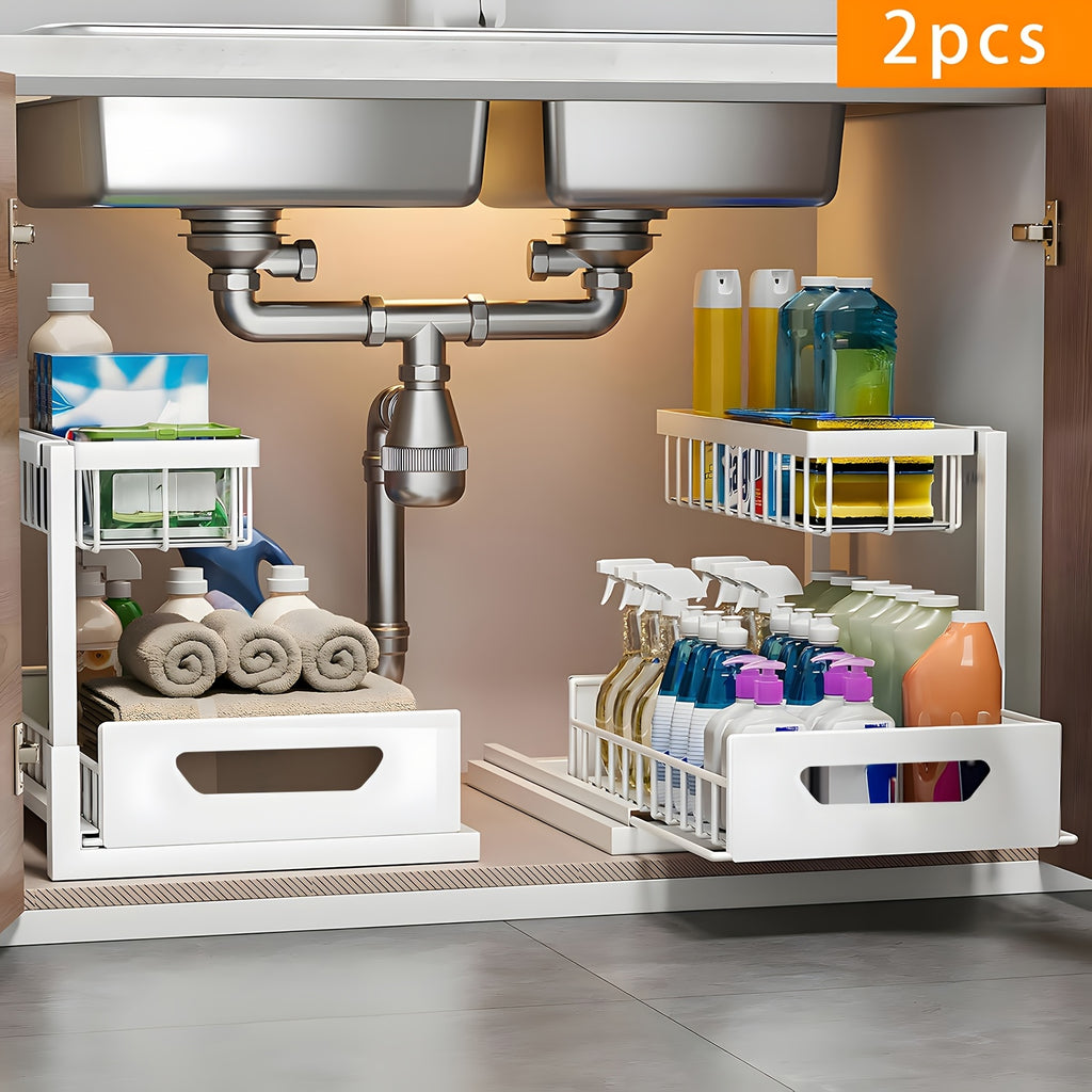 Kitchen Essential – 2Pack-2-Tier Slide-Out Under Sink Organizer | Heavy-Duty Carbon Steel Pull-Out Cabinet Shelf with Adjustable Compartments, Painted End, Ideal for Organizing Kitchen, Bath