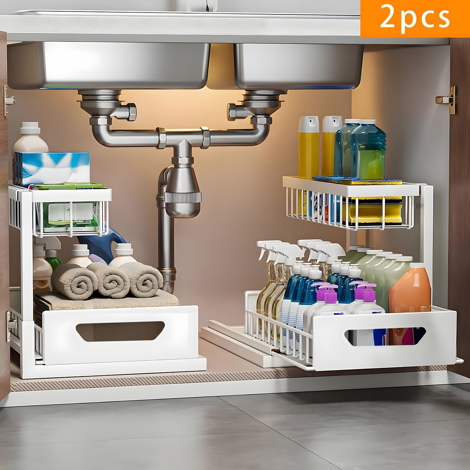 Kitchen Essential – 2Pack-2-Tier Slide-Out Under Sink Organizer | Heavy-Duty Carbon Steel Pull-Out Cabinet Shelf with Adjustable Compartments, Painted End, Ideal for Organizing Kitchen, Bath
