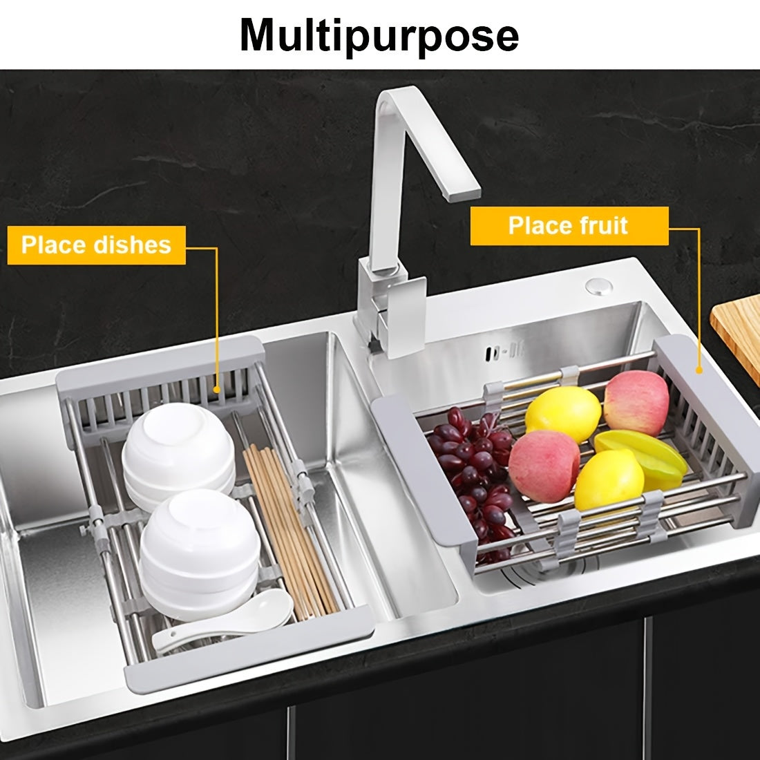 Kitchen Essential – Stainless Steel Retractable Drainage Basket, Kitchen Sink, Fruit And Vegetable Basket, Vegetable Rack, Household for Modern US Homes, easy meal prep and organization, Ver