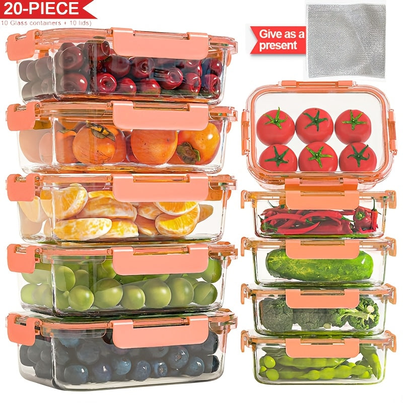 Drinkware – easy-access fridge organization, Stackable 20pcs Glass Food Container 10 Lids 10 C