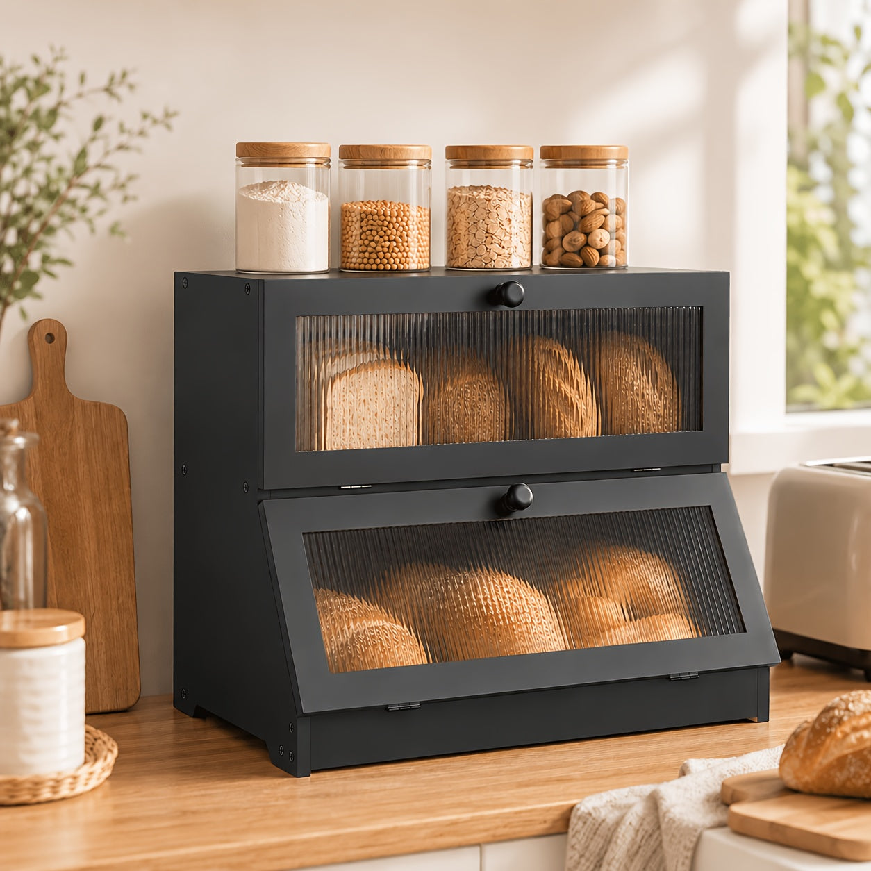 Double Layer Bamboo Bread Box for Kitchen Counter-Large Capacity Bread Storage Container Farmhouse Bread Box with Window Bread Holder