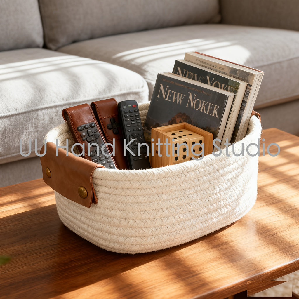 Compact Stackable Home Storage Bins – portable space-saving storage, Rectangle Woven Baskets for Storage Handwoven Cotton Rope Storage Basket with Leather Handles -, designed for American homes, daily convenience and practical gifting