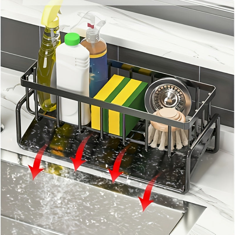 Kitchen Essential – Heavy-Duty Metal Kitchen Sink Organizer Tray - Built-in Sponge Holder with Dish Brush Slot - Space-Saving Countertop Organizer Compatible with Standard Sinks - Easy-Clean