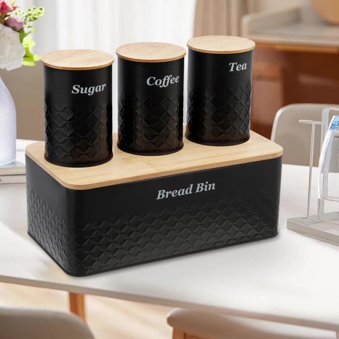 Black Bread Box With Tea Coffee Sugar Canisters