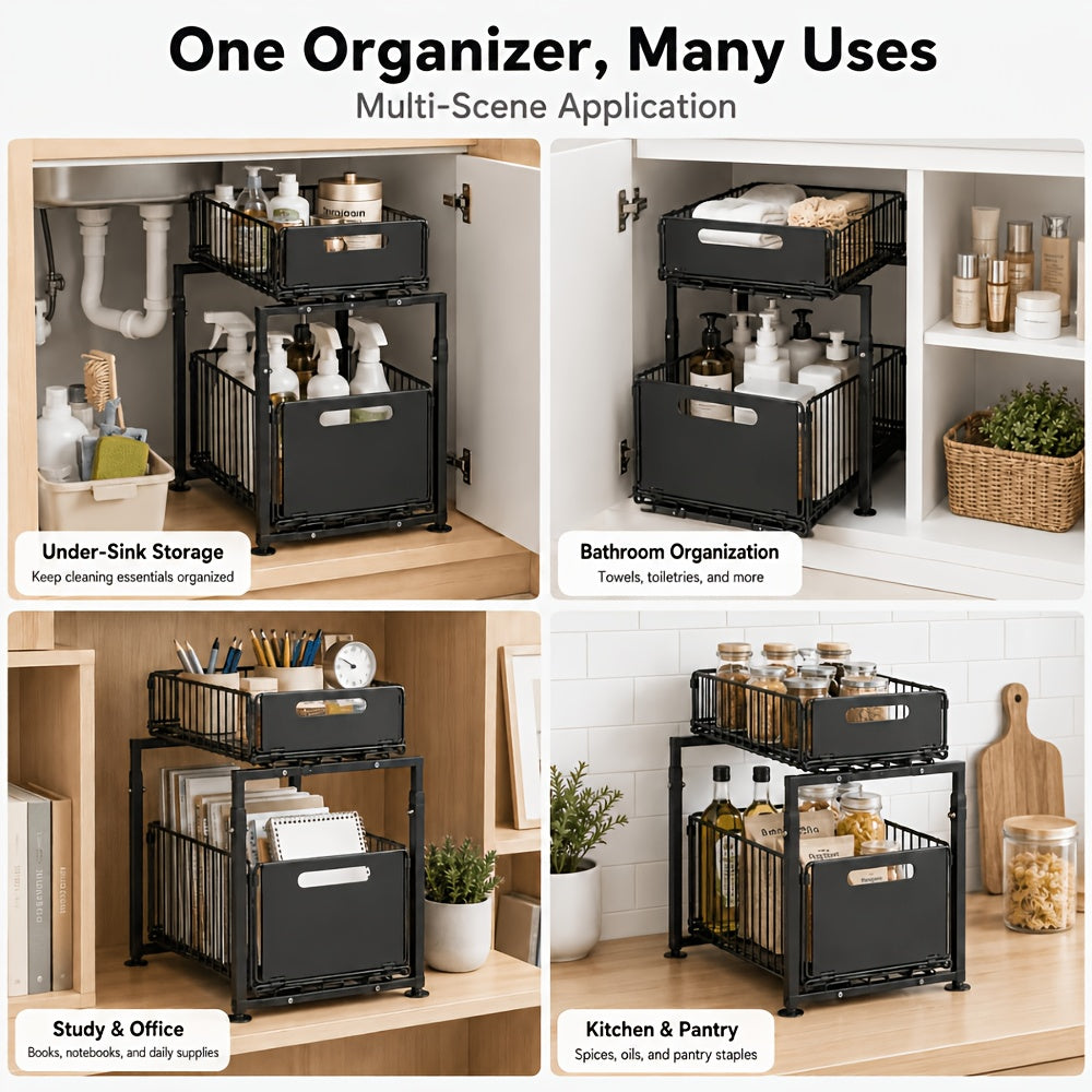 Premium Adjustable Home Storage Rack – durable multi-purpose storage, 2-Tier Pull-Out Organizers Space-Saving 2-Tier Under Sink Organizer with Adjustable Height Sturdy Carbon Steel, designed for American homes, daily convenience and practical gifting