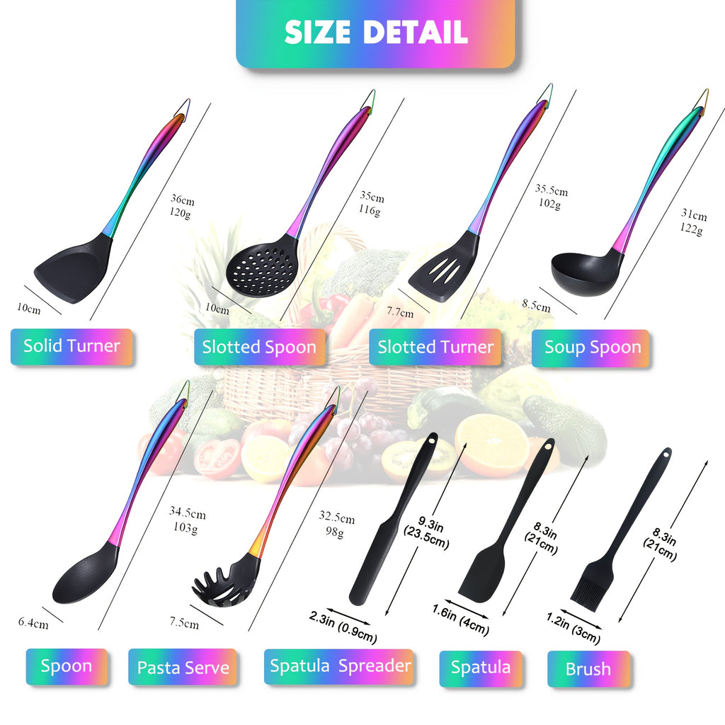 9pcs Silicone Cooking Utensils, Rainbow Kitchen Utensils Set, Titanium Cooking Utensils Set with Stainless Steel Handle, Silicone Spatula, Heat Resistant Silicone Utensils for Cooking, Non-Stick Spatula Set, Ladle with Stainless Steel Handle