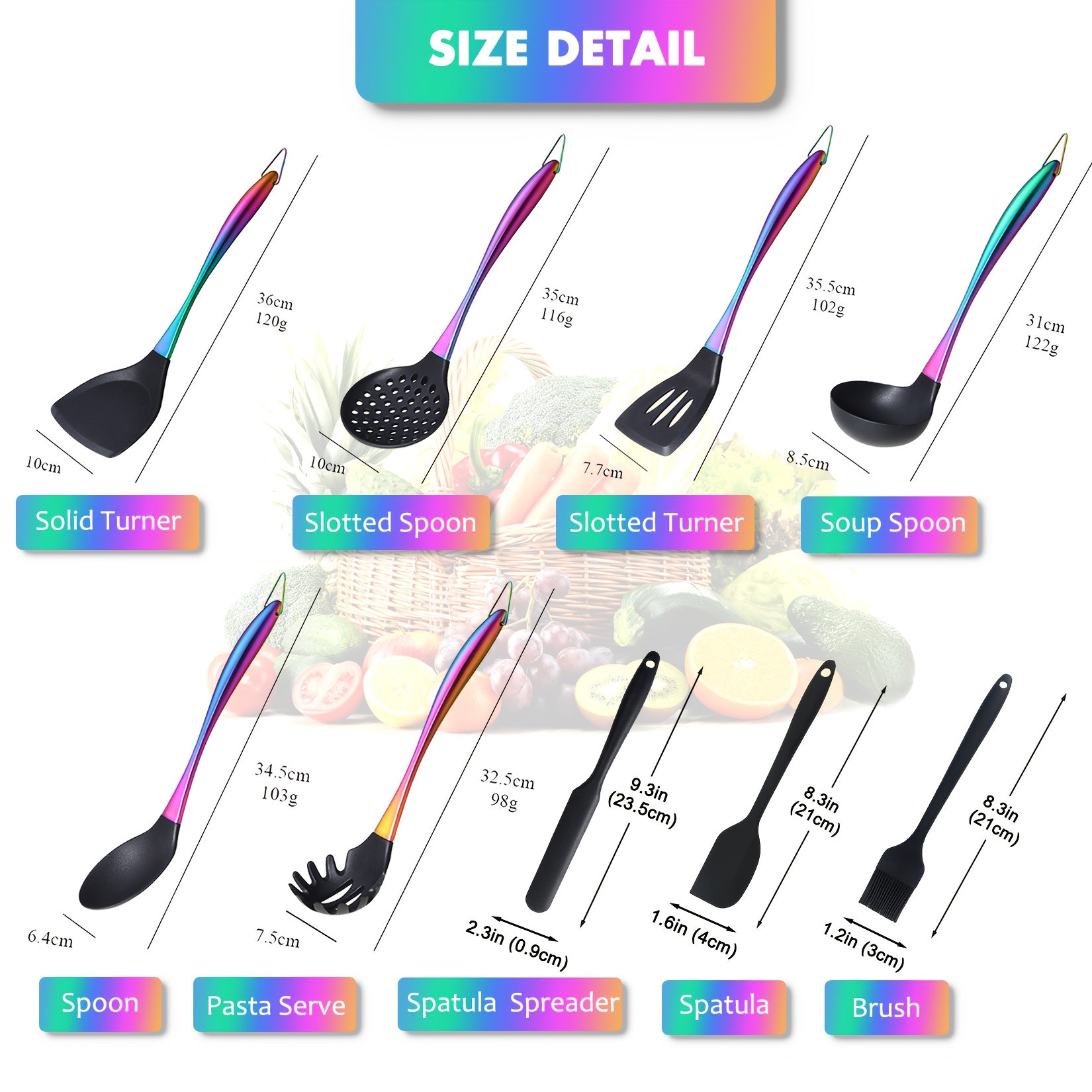 9pcs Silicone Cooking Utensils, Rainbow Kitchen Utensils Set, Titanium Cooking Utensils Set with Stainless Steel Handle, Silicone Spatula, Heat Resistant Silicone Utensils for Cooking, Non-Stick Spatula Set, Ladle with Stainless Steel Handle