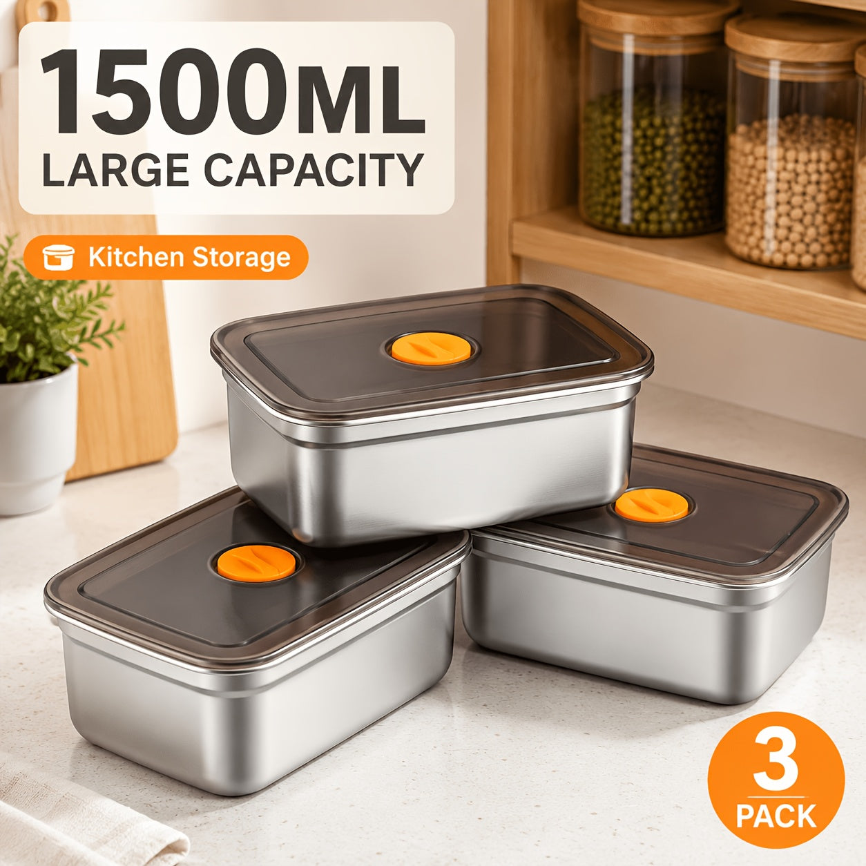 Premium 3pcs Airtight Food Storage Containers – leak-resistant reusable meal prep, 3pcs Airtight Stainless Steel Food Container with Lid Vacuum Seal Leak Proof Lunch Box, designed for American homes, daily convenience and practical gifting