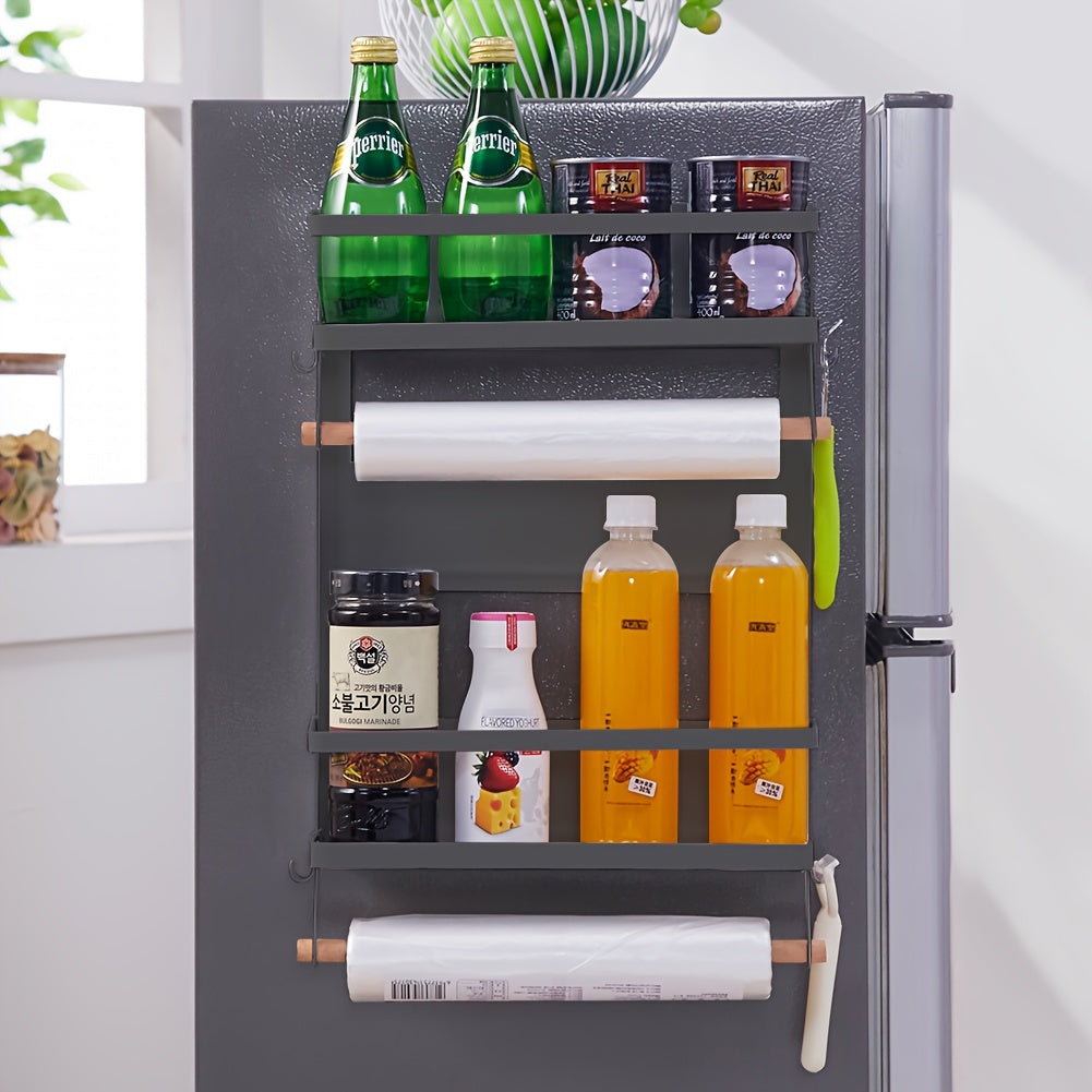 Magnetic Fridge Organizer Spice Rack With Paper Towel Holder And 5 Extra Hooks | 4 Tier Magnet Refrigerator Shelf In Kitchen