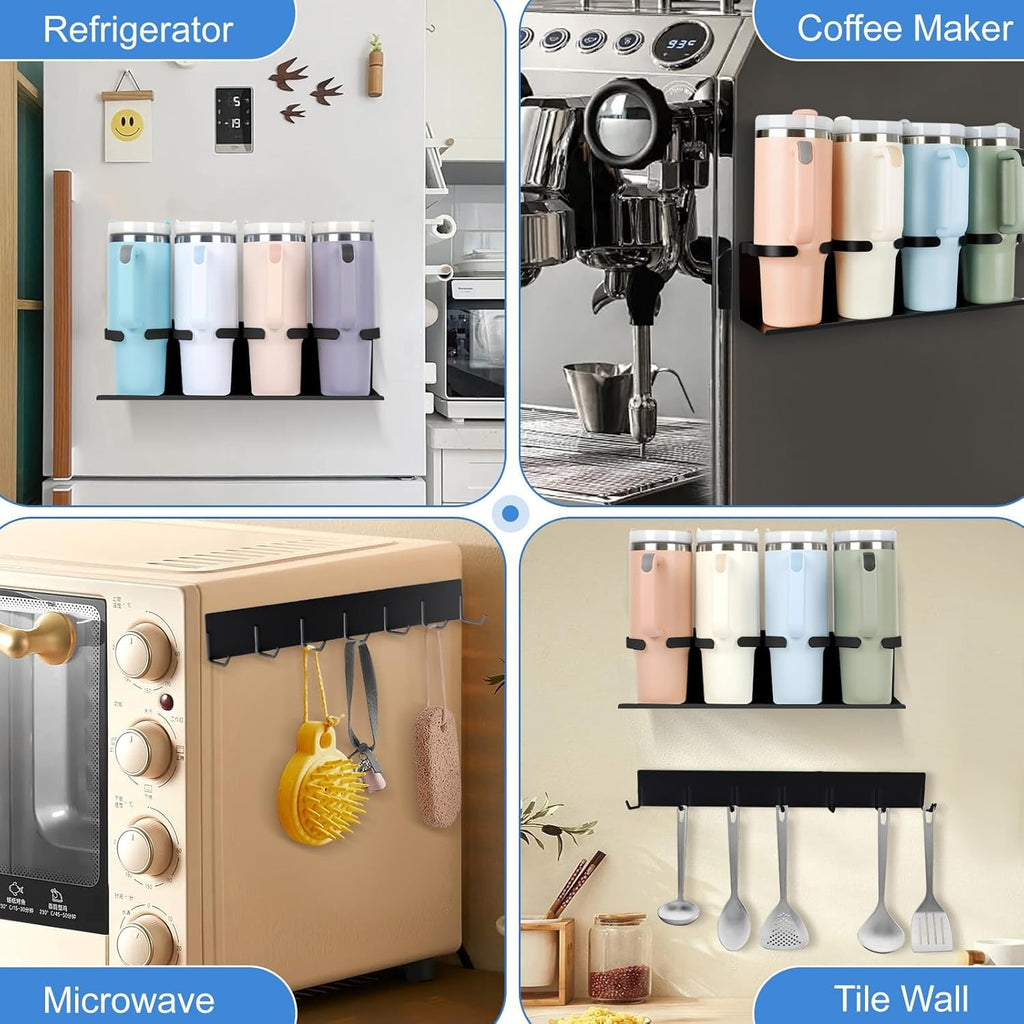 Kitchen Essential – 4-Pack Magnetic Cup Holder for Refrigerator, Magnetic Tumbler Lid Organizer for 20Oz 30Oz 40Oz Cups, Water Bottle Holder Rack with 7 Hooks for Kitchen Fridge Cabinets (Bl