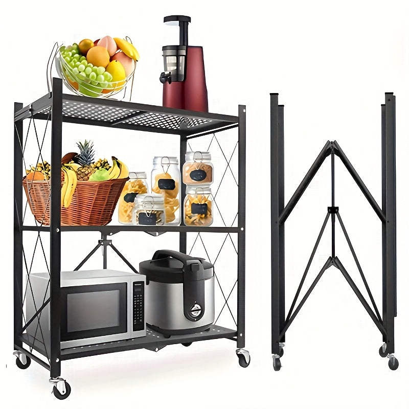 3-Layer Heavy-Duty Foldable Metal Storage Rack with Wheels for Movable Organization, Suitable for Garage Kitchens with a Load-Bearing Capacity of Up to 750 Pounds. Black Kitchen Storage Rack, for garage Storage And Storage Rack