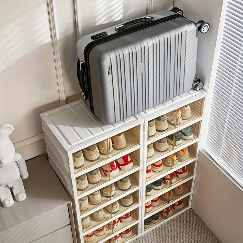 1pc/2pcs Heavy-Duty Collapsible 9-Tier Shoe Cabinet Organizer - Clear Plastic Foldable Stackable Shoe Rack with Shelves, Space-Saving Narrow Storage for Hallway, Apartment, Small Spaces - No Assembly Required (Shelves & Doors)