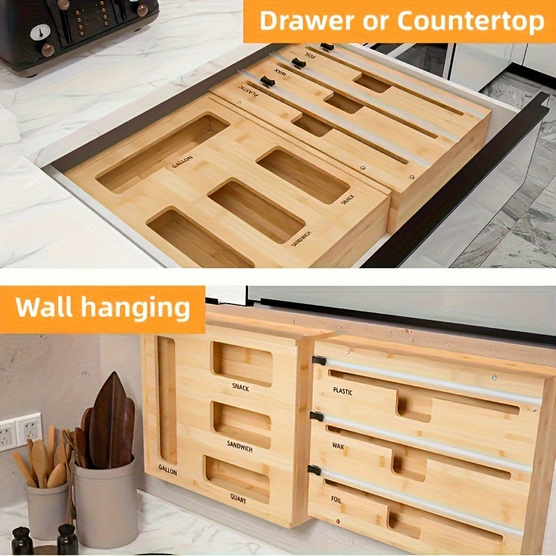 Bamboo Kitchen Drawer Storage Organizer - Foil And Plastic Wrap Dispenser with Cutter, Adjustable Dividers, And Compact Design for Gallon, Quart, Sandwich, Snack Bags And More