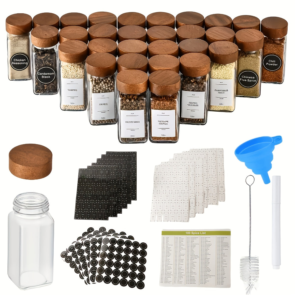 Versatile 4oz Glass Spice Jar Set – clear reusable pantry storage, 4oz Square Spice Jar Set with Acacia Wood Lids - 12 24pcs Includes Sticker, designed for American homes, daily convenience and practical gifting