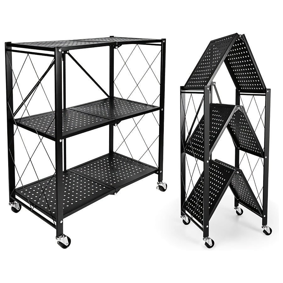 Heavy-Duty Adjustable Home Storage Rack – durable multi-purpose storage, 3-Tier Heavy-Duty Foldable Metal Storage Rack with Wheels Movable Organizer Shelves Suitable for Garage, designed for American homes, daily convenience and practical gifting