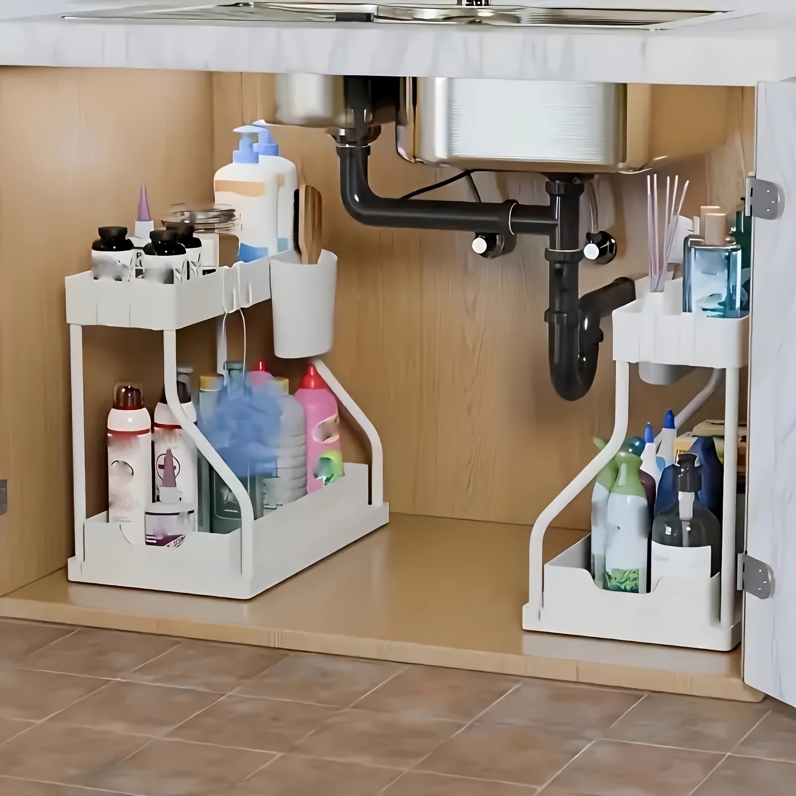 Storage Bins – 2pcs Under Sink Organizer with Sliding Shelves Multi-Purpose Black Plastic Storage