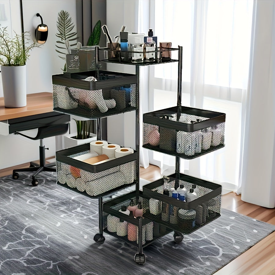 Modern 1pc Adjustable Home Storage Rack – durable multi-purpose storage, 1pc Heavy-Duty 5-Tier Rotating Mobile Storage Cart with Spinning Shelves Floor-Standing Base Suitable for, designed for American homes, daily convenience and practical gifting
