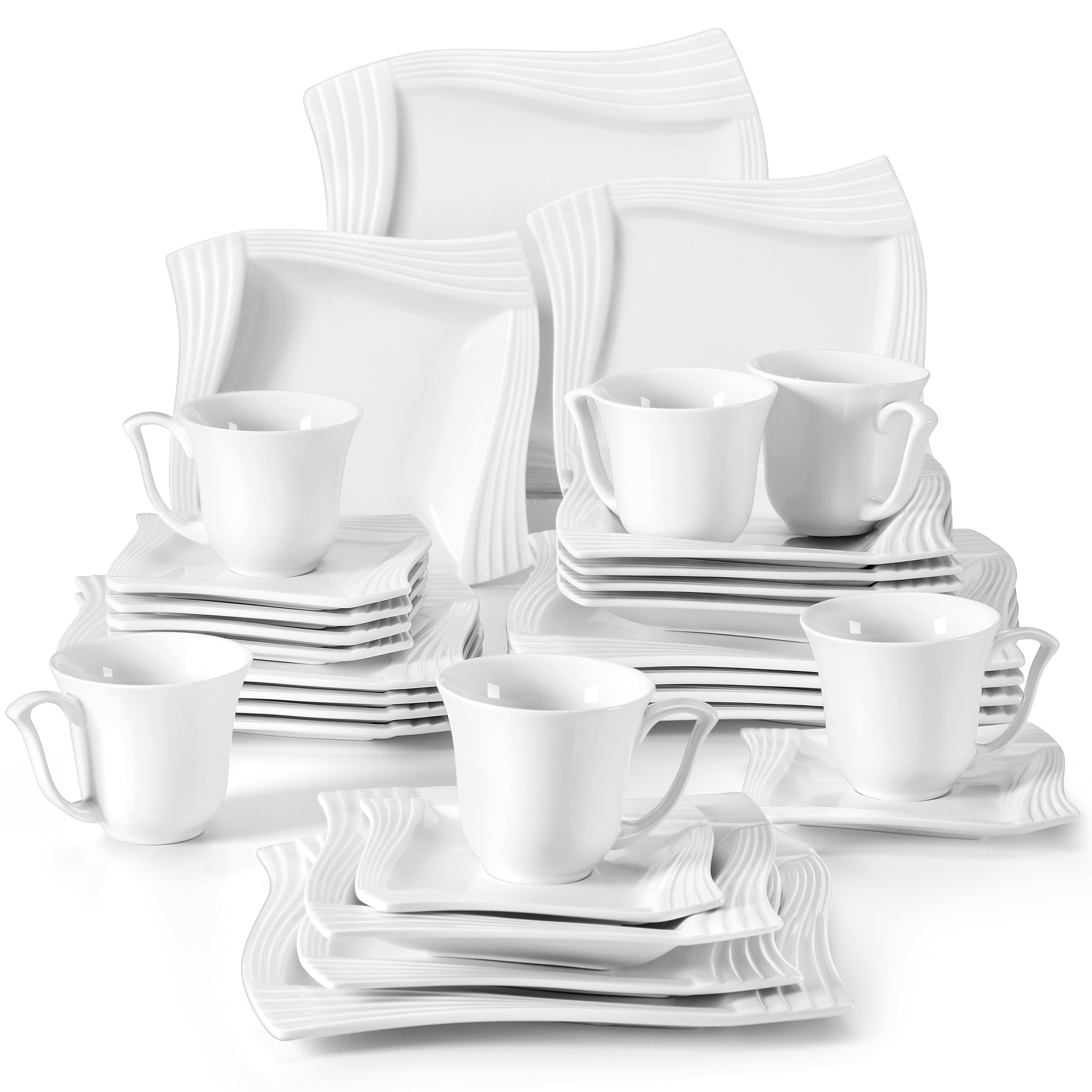 Plates And Bowls Set For 6, Grey White Square Dinnerware Sets, 30pcs Porcelain Dishes Set With Plates, Bowls, Cups And Saucers, Dinner Set Microwave Safe