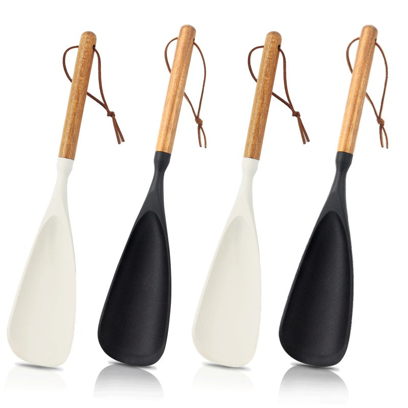 Kitchen Essential – 2pcs Cooking Spoon Set, Suitable for Non-stick Pans, 12-inch Silicone Spoon And Spatula with Wooden Handle, Used for Cooking, Serving, Mixing, Scooping And Scraping, Blac