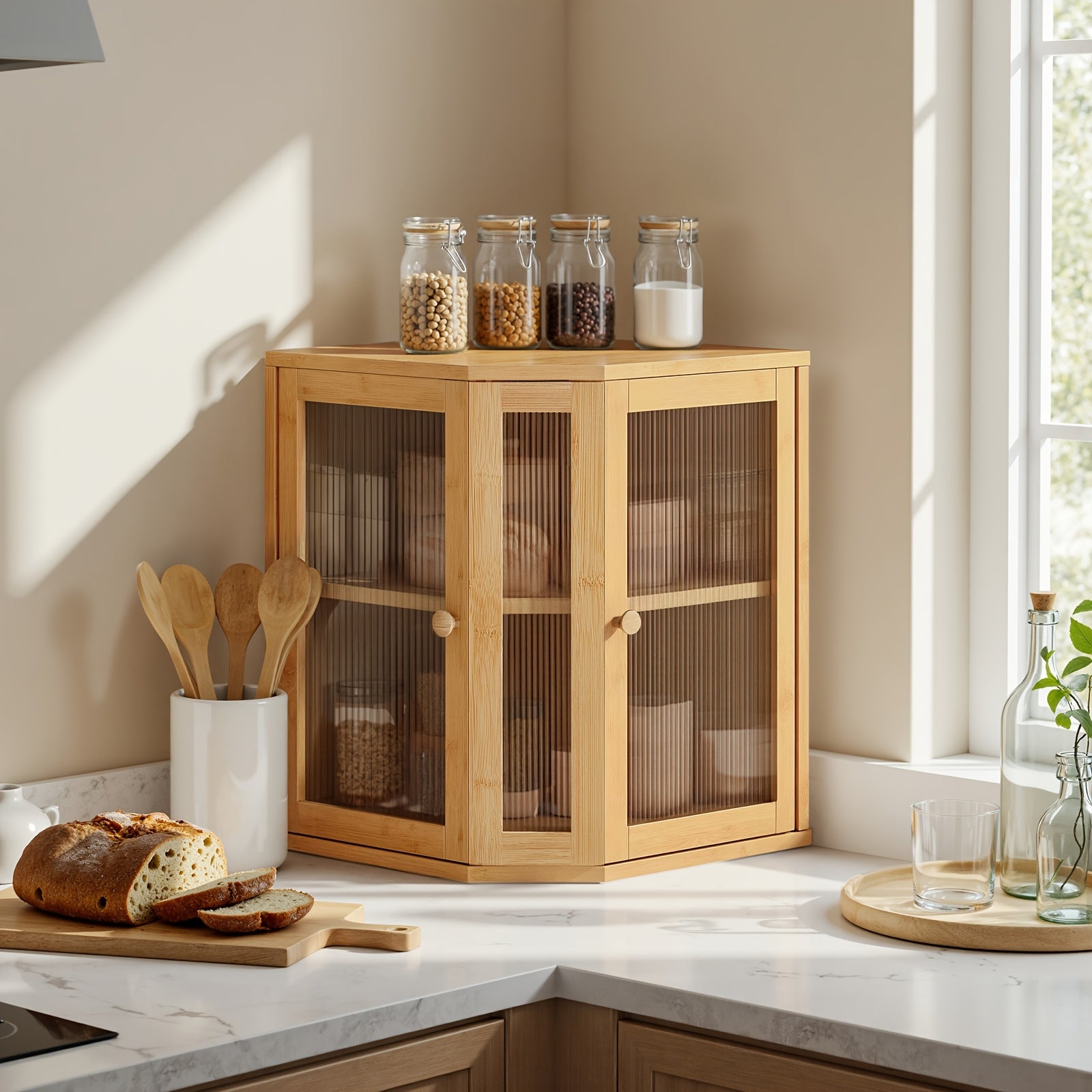 Corner Bread Box For Kitchen Counter, Bamboo Wood Large Capacity Bread Storage Bin With Dual Rippled Acrylic Doors, For Kitchen Food Storage, Natural
