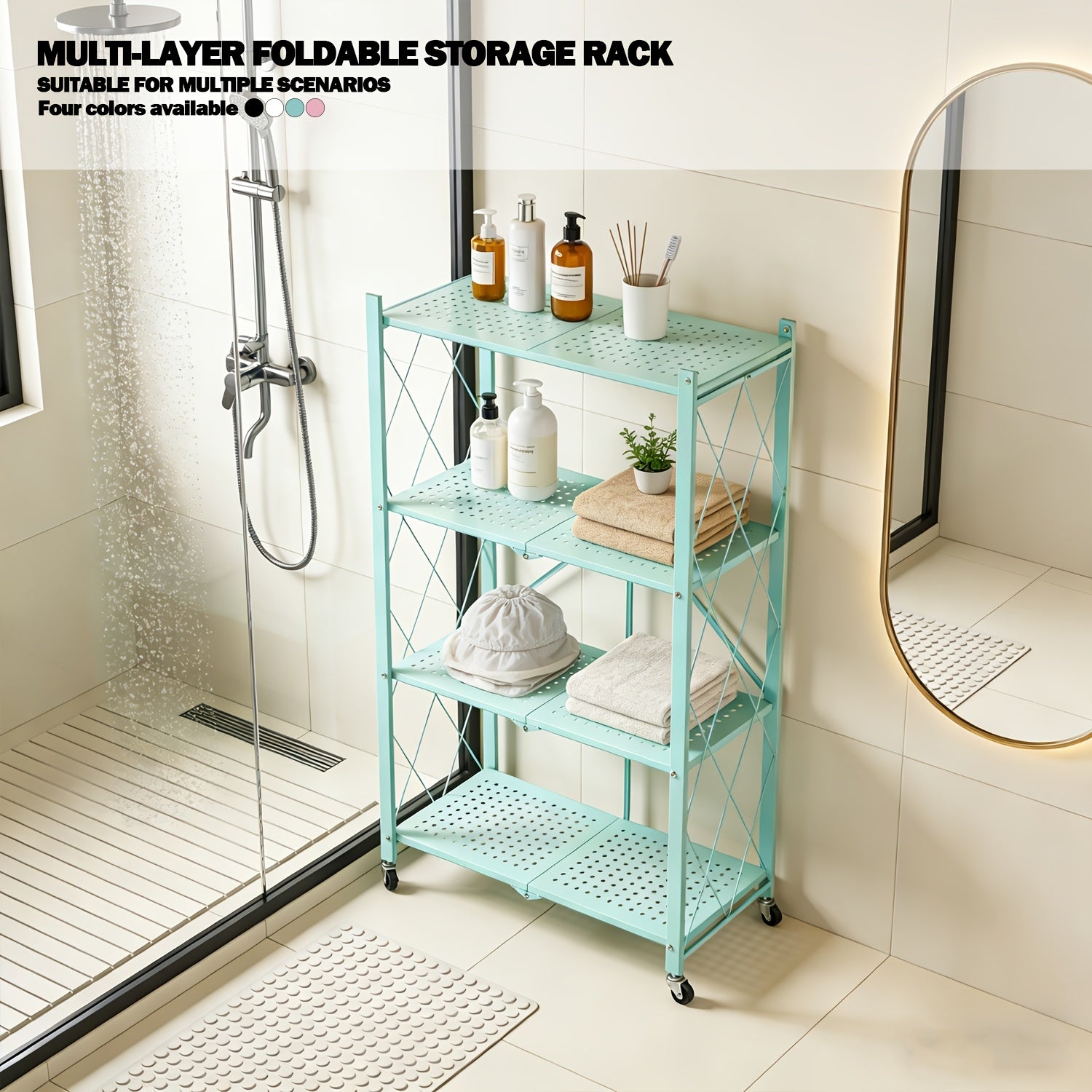 Compact Adjustable Home Storage Rack – durable multi-purpose storage, 5 4 3-Tier Heavy-Duty Folding Storage Rack With Wheels - Portable Multi-Layer Floor-standing Shelf, designed for American homes, daily convenience and practical gifting