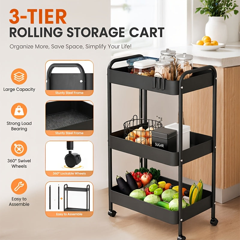 Premium Adjustable Home Storage Rack – durable multi-purpose storage, Triple-tier Carbon Steel Multi-functional Rolling Storage Cart Versatile Shelving Unit Snack Rack with Portable, designed for American homes, daily convenience and practical giftin