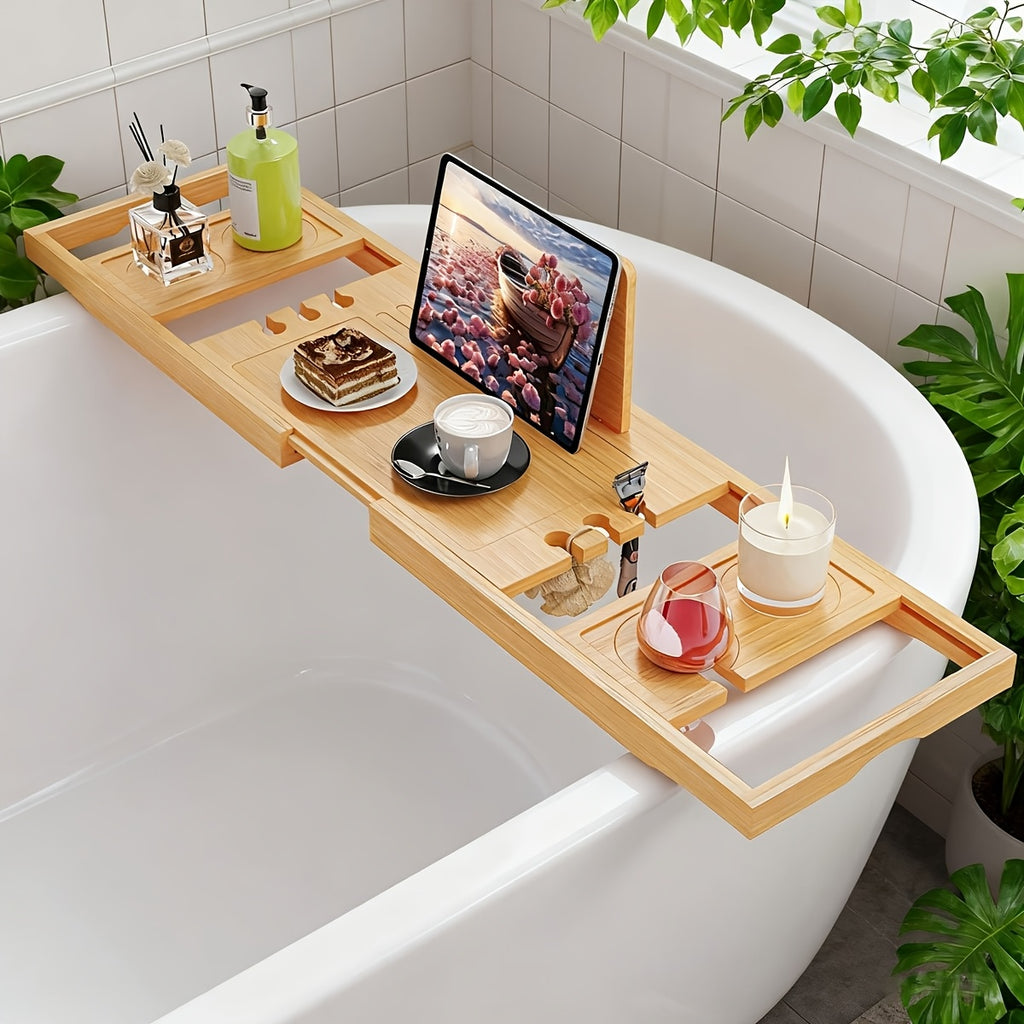 Sturdy And Durable Bathtub Tray, Made Of Wood. The Bath Table Tray Is Adjustable. The Bathtub - Specific Bath Caddy Tray Ensures Hassle - Free Storage. A Thoughtful Gift for Her.