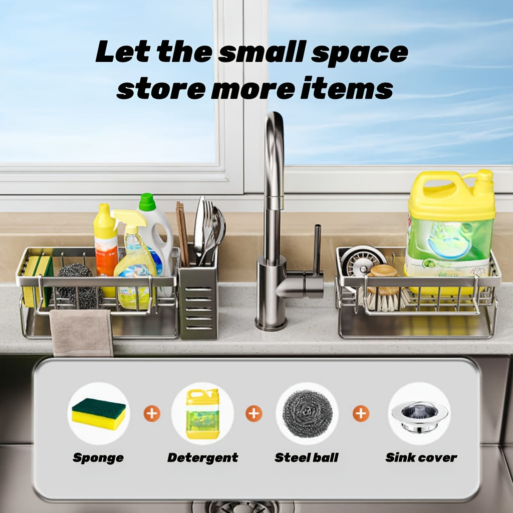 Stainless Steel Kitchen & Bathroom Organizer with Drainage - Multi-Purpose Storage Rack for Spices, Toothbrushes, Soap, and Cleaning Supplies, Includes Drainage Bucket for Sink Organization, Kitchen Sink Organizer