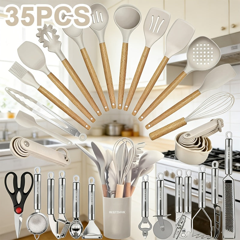Kitchen Essential – Kitchen Utensil Set - 34/35pcs Silicone Cooking Utensils, Heat-Resistant Kitchen Utensil Spatula Set, Suitable for Non-Stick Pans, Wooden Handle Kitchen Tool Set for Mode