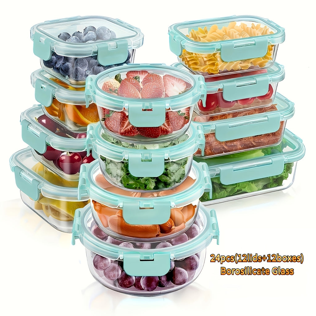 Multi-Purpose 24pcs Glass Meal Prep Container Set – leak-resistant lids, reusable kitchen meal-prep storage, designed for American kitchens, pantries, apartments, home organization, daily use and practical gifting