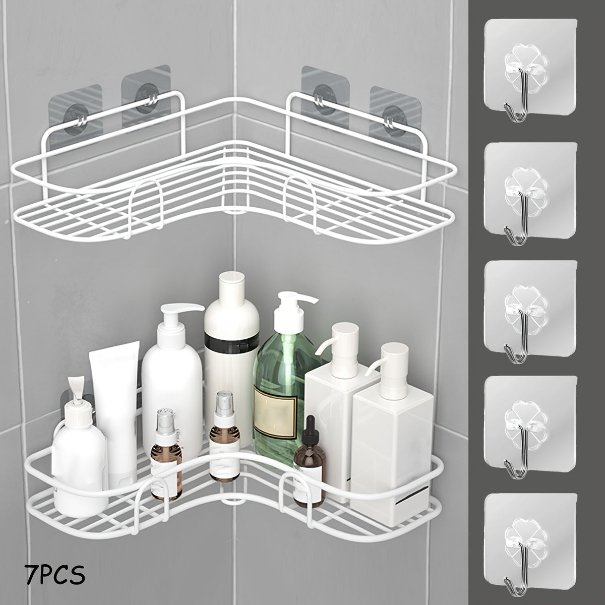 Storage Rack – 7pcs Bathroom Storage Rack Set, 2 Wall Mounted Corner Storage Racks, 5 Transparent